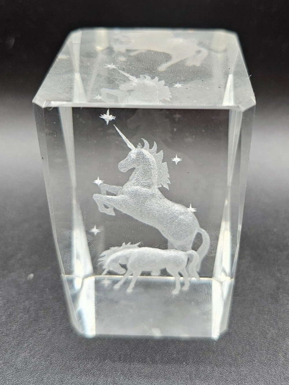 3D Unicorn GLASS PAPERWEIGHT Laser Etched Crystal Cube Whimsical Mom & Foal